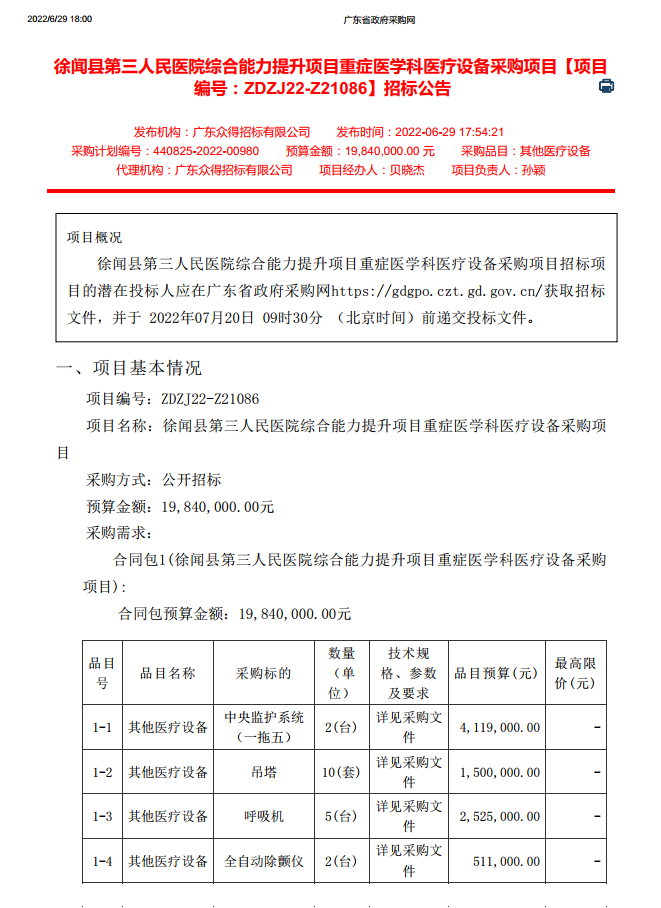 徐聞縣第三人民醫院綜合能力提升項目重癥醫學科醫療設備采購項目【項目 編號：ZDZJ22-Z21086】招標公告(圖1)