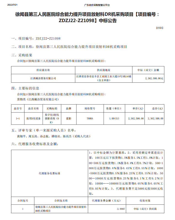 徐聞縣第三人民醫(yī)院綜合能力提升項(xiàng)目放射科DR機(jī)采購項(xiàng)目【項(xiàng)目編號(hào)： ZDZJ22-Z21098】中標(biāo)公告(圖1)