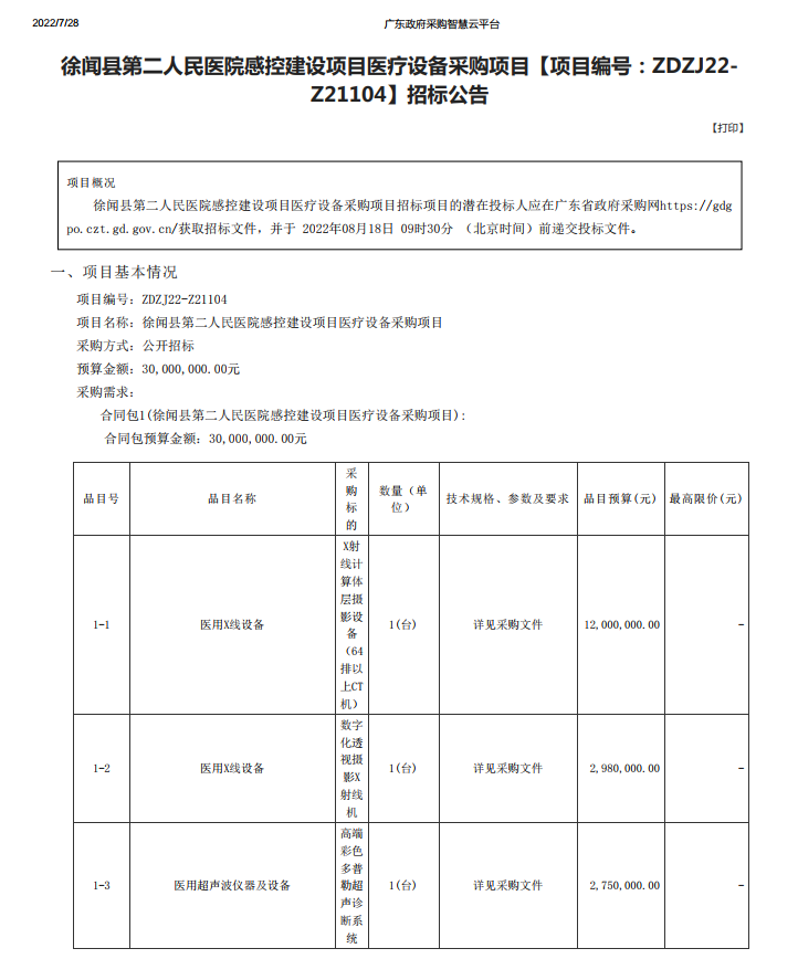徐聞縣第二人民醫院感控建設項目醫療設備采購項目【項目編號：ZDZJ22- Z21104】招標公告(圖1)