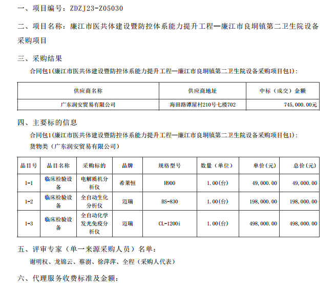 廉江市醫共體建設暨防控體系能力提升工程—廉江市良垌鎮第二衛生院設備采購項目【項目編 號：ZDZJ23-Z05030】（包 1）結果公告(圖1)